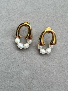 Gold and White Pearl Hoop Statement Earrings - Women Jewelry